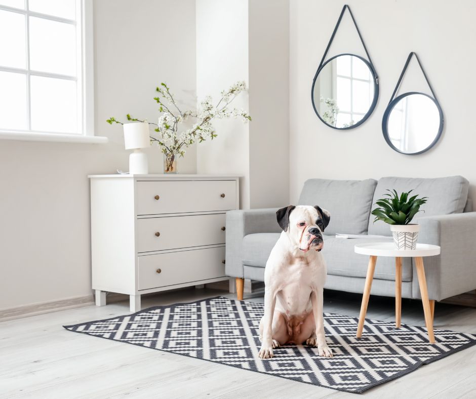 An interior living room painted nutral white with a dog sitting in the middle of the room.